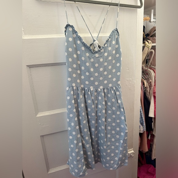 ZARA LINEN BLEND BLUE AND WHITE POLKA DOT DRESS - Picture 4 of 4